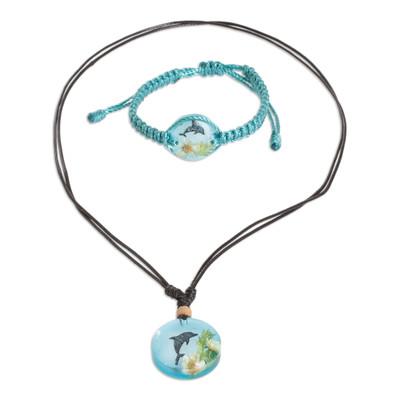 Sea Friend,'Set of Resin Dolphin Pendant Necklace and Macrame Bracelet'