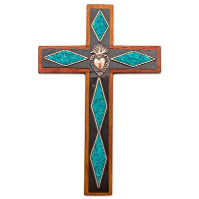 Chrysocolla Cross,'Chrysocolla Copper Bronze Wood Cross Wall Decor from Peru'