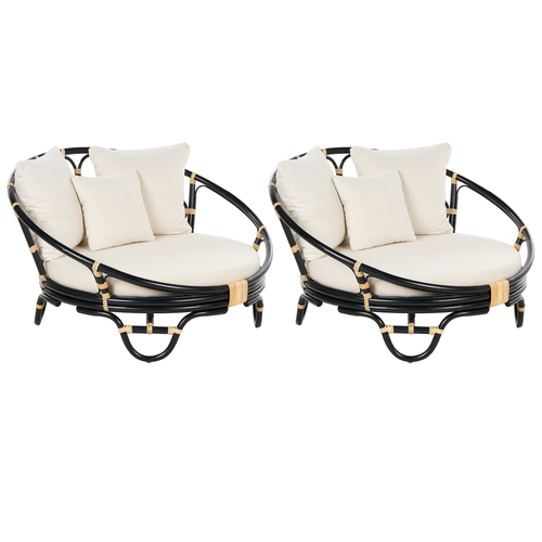 Sonneninsel 2er Set Schwarz Rattan mit Auflagen Beige Stoff Rund Boho Gartenmuschel Rattaninsel Loungemöbel Outdoor Garten Terrasse Ausstattung