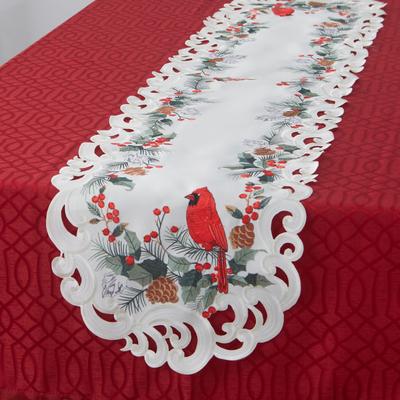 Embroidered Cutout Table Runner by BrylaneHome in Mistletoe Cardinal