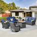 Red Barrel Studio® Aschraf 6 Piece Fire Pit Set Seating Group w/ Cushions Synthetic Wicker/All - Weather Wicker/Wicker/Rattan in Gray/Blue | Outdoor Furniture | Wayfair