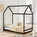 Twin Size House Bed Wood Platform Bed with Four Poster Support Leg and Playhouse Design