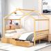 Full Size Platform Bed Wood Frame Creativity House Bed with Two Storage Drawers, Headboard and Footboard & Roof Design