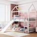 House Bunk Beds with Slide, Twin Over Twin Floor Bunk Bed Frame, Wood Playhouse Bunkbed w/Safety Guardrails & Roof Design, White