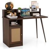 Costway 48 Inch Computer Desk with Hutch and PE Rattan Cabinet Shelves-Walnut