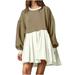 MeetoTime 2023 Fall Sweatshirt Dresses for Women Long Sleeve Crew Neck Mini Dress Pleated Flowy Oversized Tshirt Dress