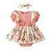 Penkiiy Dress Set for Toddler Girls 1-18M Baby Girl Short Sleeve Ruffle Dress Flower Stripe Wrapped Fart Suit One-piece Headband Set Pink 9-12 Months
