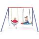 GYMAX Double Swing set, Metal Swing Frame with Saucer Tree Swing & Belt Swing, Indoor Outdoor Kids Swings set for Garden Playground, 300kg Weight Capacity
