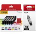 Genuine Canon CLI-281 5-Color Ink Tank Combo Pack with 5 x 5 Photo Paper (2091C006) Canon PGI-280 Pigment Black Ink Tank (2075C001)