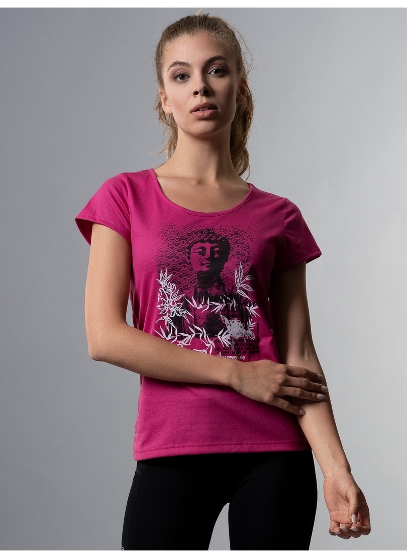 „T-Shirt TRIGEMA „“TRIGEMA Slim Fit mit Buddha-Print““ Gr. XL, rosa (hibiskus) Damen Shirts Jersey“