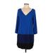 Express Casual Dress - Shift Plunge 3/4 sleeves: Blue Color Block Dresses - Women's Size Medium