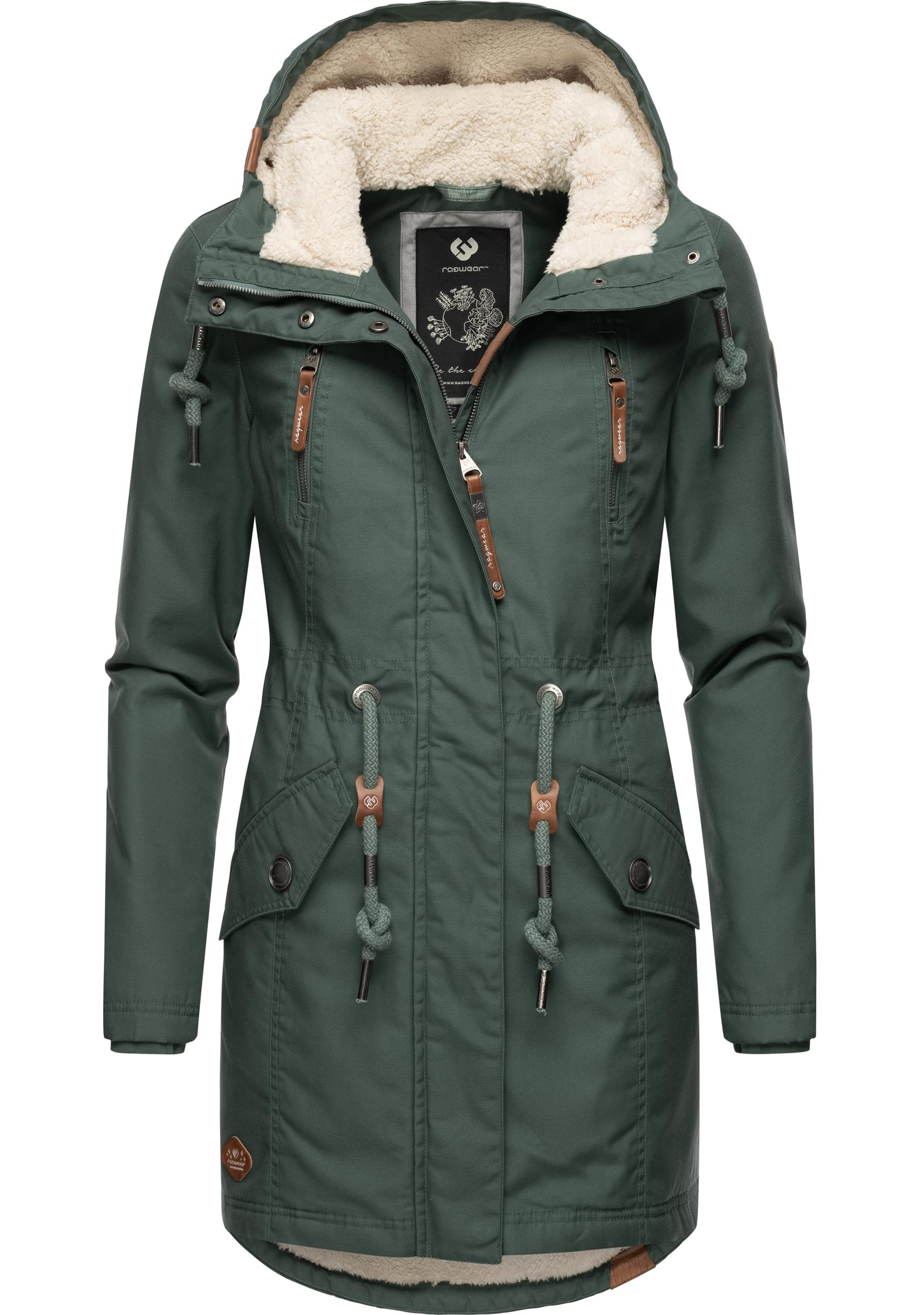 Wintermantel RAGWEAR "Elsie", Damen, Gr. XL(42), grün (tannengrün), Außenmaterial: 65% Polyester, 35% Baumwolle, Innenfutter: 100% Polyester, Wattierung: 100% Polyester, Casual, tailliert ca. Mitte Oberschenkel, Ärmel ohne Ärmelschlitz... Image