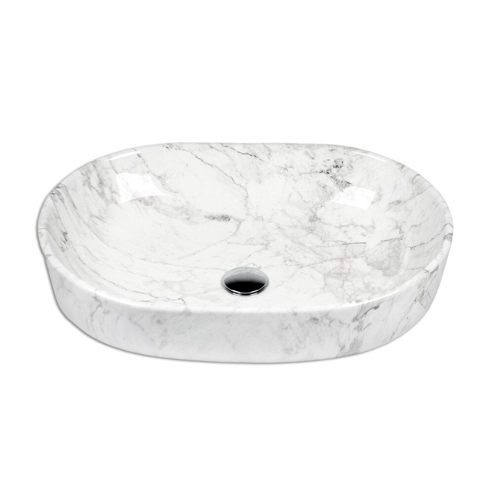 Waschbecken Keramik Marmoroptik Aufsatzwaschbecken Oval 59 x 41 cm Komplettset