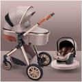 Baby Stroller for Newborn, 3 in 1 High Landscape Convertible Baby Carriage Stroller Folding Reversible Bassinett Infant Pram with Mom Bag, Footmuff, Rain Cover, Mosquito Net (Color : Khaki)