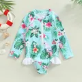 Maillot de bain vert 1-5T pour filles avec col montant manches longues fermeture éclair imprimé