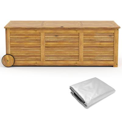 Costway Rolling Patio Wooden Deck Box with 2 Wheels and Side Handle for Outdoor