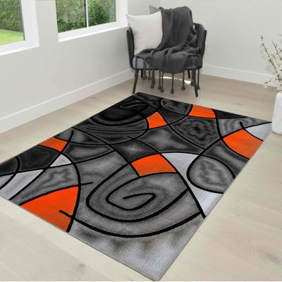 HR Electric Orange/Grey/Silver/Black/Abstract Rug Contemporary Circles Wavey Swirls Design