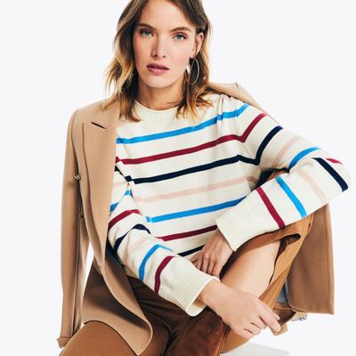 Nautica Women's Sustainably Crafted Striped Crewneck Sweater Marshmallow, L