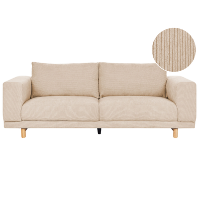 Sofa Beige Cord 220 cm Lang 3-Sitzer mit Holzbeinen Breite Armlehnen Skandinavisch Modern Wohnzimmer Ausstattung Sitzmöb