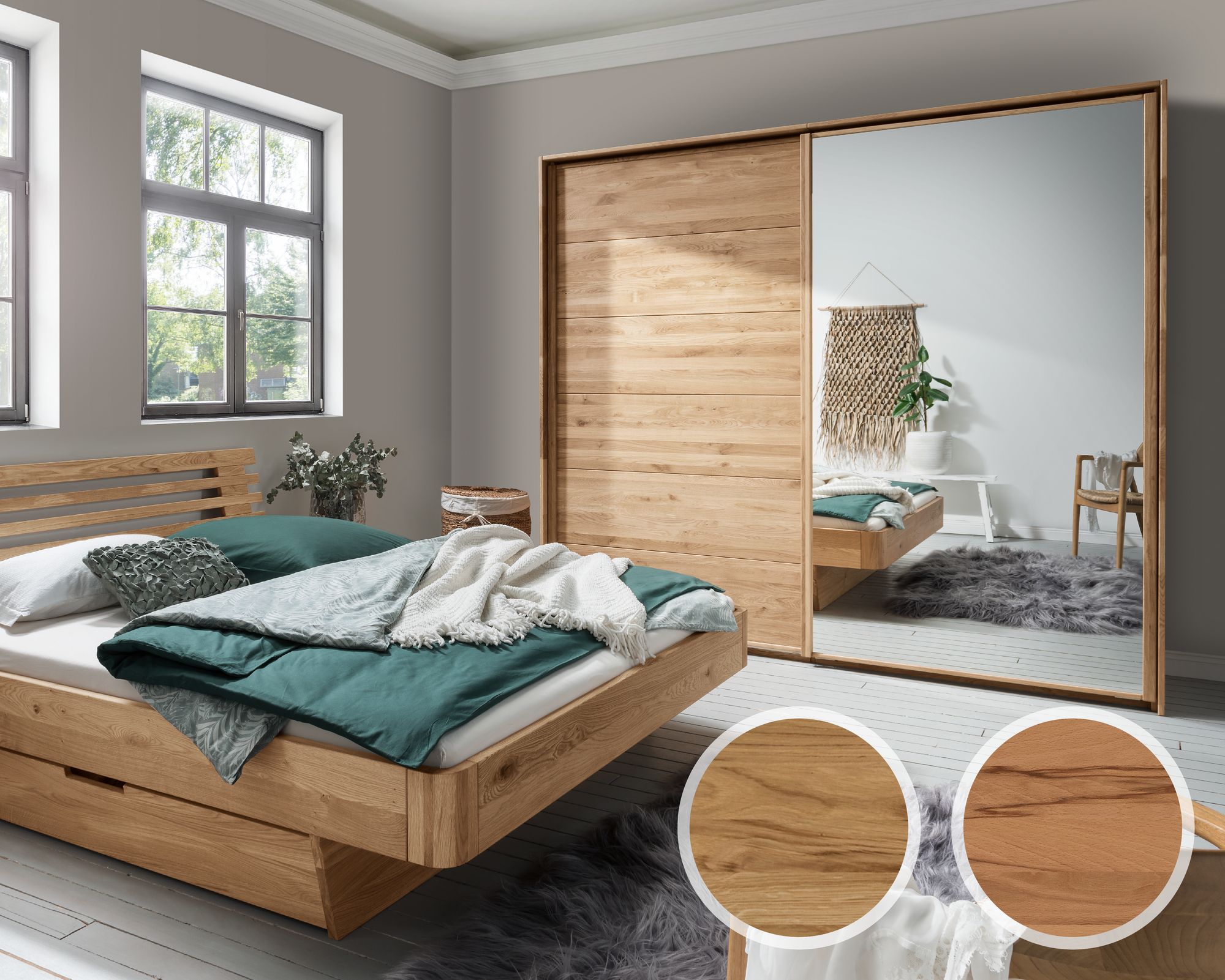 Forestales »Woodside« Schwebetürenschrank 2-türig Holz/Spiegel / 300 cm / Kernbuche / mit Passepartout-Rahmen