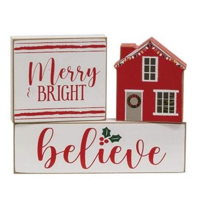 Set of 3 Wooden Block Set Merry & Bright Believe House Decor - 3.25” high x 3.5” wide x 0.75” deep