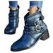 POROPL Blue CowBooties for Women cowMotorcycle Ankle CowVintage Thick Heel Retro Faux Leather Boots for Lady Size 40(US:7.5)