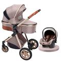 Baby Pram Stroller Travel System 3 in 1 Adjustable High Landscape Baby Stroller Carriage Bassinet Strollers Infant Seat Combo Pushchair with Rain Cover, Mosquito Net (Color : Khaki)