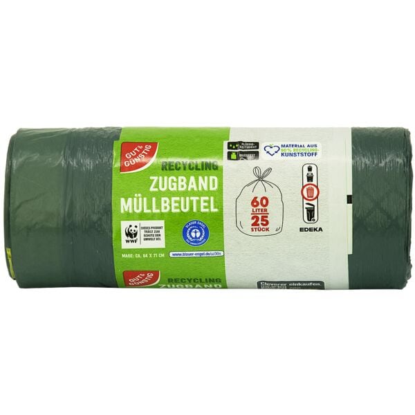 Gut & Günstig 25 Müllsäcke 60 L aus Recyclingmaterial mit Zugband grau, 64x71 cm