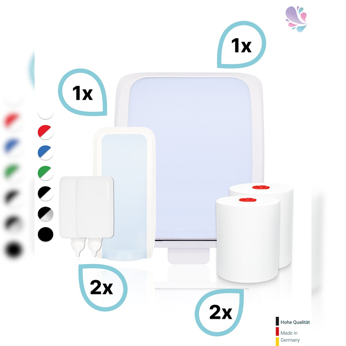 Blanc HYGIENIC KOMPLETT-SET Waschraum MANUELL: Handtuchrollenspender AUTOCUT + 2 TAD Handtuchrollen + Schaumseifenspender MANUELL+ 2 Kartuschen Image