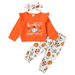 Mikrdoo Baby Girls Outfits Festival Sets Pumpkins Print Long Sleeve Tops Elastic Turkey Pattern Pants Headband 3Pcs Thanksgiving Clothing 6-12 Months Orange