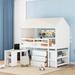 Twin Size House Loft Bed with Rolling Desk, Drawers & Shelf, Wood Loft Bed with Tent, Kids Playhouse Bed for Boys Girls, White