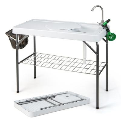 Portable Camping Fish Cleaning Table with Grid Rack and Faucet - 42.5" x 22.5" x 34.5"