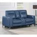 High-Leg Console Loveseat - Top-Grain Leather, Dual-Power, Ocean Blue Color - Stowaway Footrest, Flaired Chrome Leg