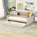 Full Upholstered Daybed w/Trundle, Wooden Velvet Fabrics Sofa Bed with Vertical Stripes Design Backrest, Wood Slat Support,Beige