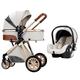Lightweight Baby Stroller Carriage for Newborn, 3 in 1 Adjustable Baby Pram Stroller for Toddler, Infant Pushchairs with Stroller Rain Cover, Footmuff, Mat, Mosquito Net (Color : Beige)
