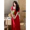Robe mi-longue vintage française pour femmes, robe de soirée rouge, vêtements féminins doux, imprimé