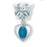 Blue Enameled Pierced Heart Sterling Silver Baby Miraculous Medal on an Angel Pin