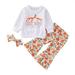 Toddler Kids Girls Outfits Letters Prints Long Sleeves Tops Hoodies Pumpkin Prints Bell Bottom Pants Hairband 3pcs Set Outfits 6-12 Months
