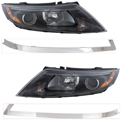 2014 Kia Optima 4-Piece Kit Driver and Passenger Side Headlights with Bumper Trims, with Bulbs, Halogen, Sedan, USA Built Vehicle