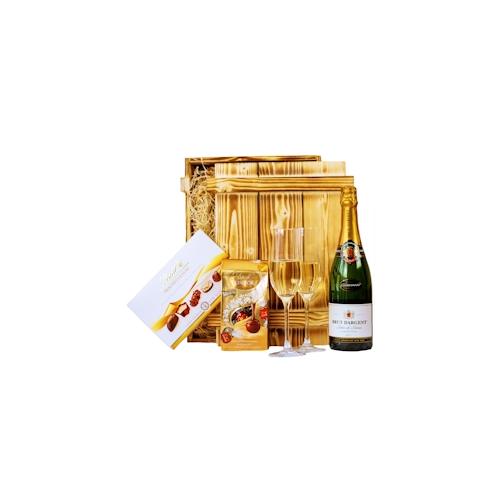 Geschenkset Nizza | Geschenkkorb gefüllt mit Sekt Brut Chardonnay, Lindt Pralinen & Holzkiste