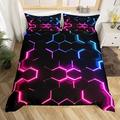 Red Pink Blue and Black Print Duvet Cover Hexagonal Bedding Set Kids Boys Teens Honeycomb Decor Comforter Cover Beehive Geometric Bedspread Cover Bedroom Collection 3Pcs Double Size