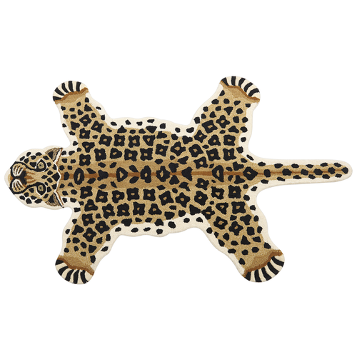 Teppich Beige und Schwarz Wolle Tiermotiv 100 x 160 cm Leopard Design Handgetuftet Modern Kurzhaar Kinderzimmer Schlafzimmer Deko Accessoires