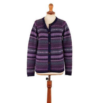 'Striped Inca-Patterned Purple 100% Alpaca Cardigan Sweater'