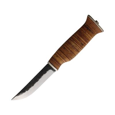 Wood Jewel Stacked Birch Bark Knife 8in Overall 3.63in Carbon Steel Blade Stacked Birch Bark Handle Leather Sheath 23TP