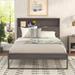 Weathered Finish Platform Bed with Sockets & USB Ports , Bedroom Pine Wood Platform Bed Frame with Storage Headboard