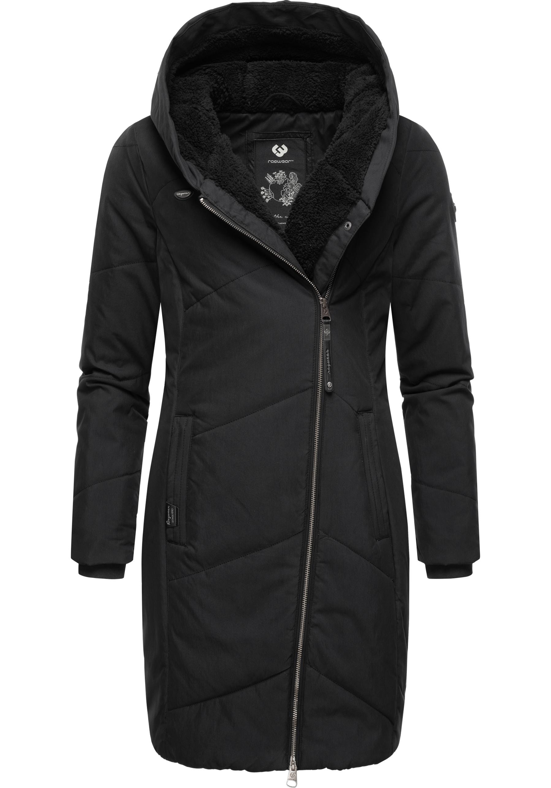 Wintermantel RAGWEAR "Gordon Long", Damen, Gr. L (40), blau (schwarz), Obermaterial: 74% Baumwolle, 26% Nylon, Innenfutter: 100% Polyester, Wattierung: 100% Polyester, Modisch, tailliert ca. Mitte Oberschenkel, Ärmel ohne Ärmelschlitz... Image