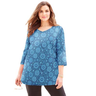Plus Size Women's Suprema 3/4 Sleeve V-Neck Tee by Catherines in Navy Crystal Medallion (Size 0X)