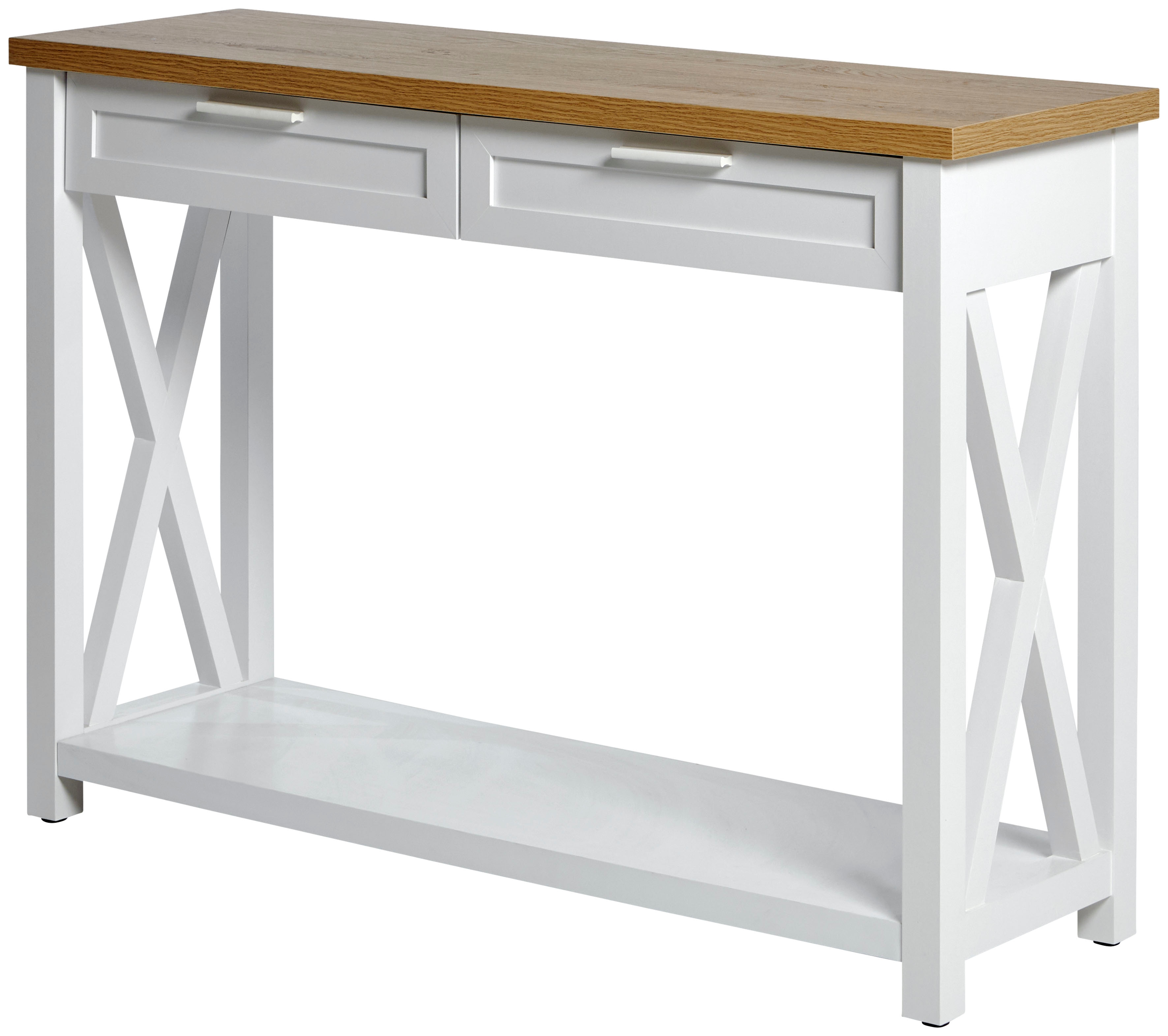 Konsolentisch JAHNKE "Chalet", braun (montana eiche, weiß, weiß, montana eiche), B:110cm H:77,2cm T:34cm, Tische, Konsolentisch mit 2 Schubladen und Ablage, Landhausstil, X-Design