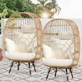 NICESOUL Beige Egg Chair Outdoor 2-Piece Lounge Chair Set Patio Wicker Egg Chairs with Legs 440lbs for Couples and Small Families