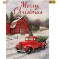 Merry Christmas 28 x 40 House Flag Red Truck Double Sided Winter Farmhouse Rustic Quote Burlap Garden Yard Xmas Pickup DÃ©cor Outside Holiday Snow Farm Seasonal Decorative Outdoor Large Flag